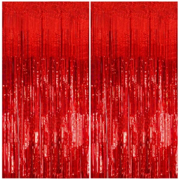 Catzon 2Pack Foil Curtain Backdrop Sparkling Streamer for Dance Party Decorations-Red