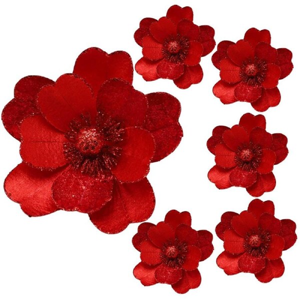 Catzon 6 Pcs Artificial Christmas Flower with Sparkling for Christmas Tree Decor-Red