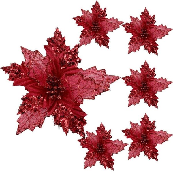 Catzon 6 Pcs Christmas Poinsettia Picks for Party Wedding Decor-Red