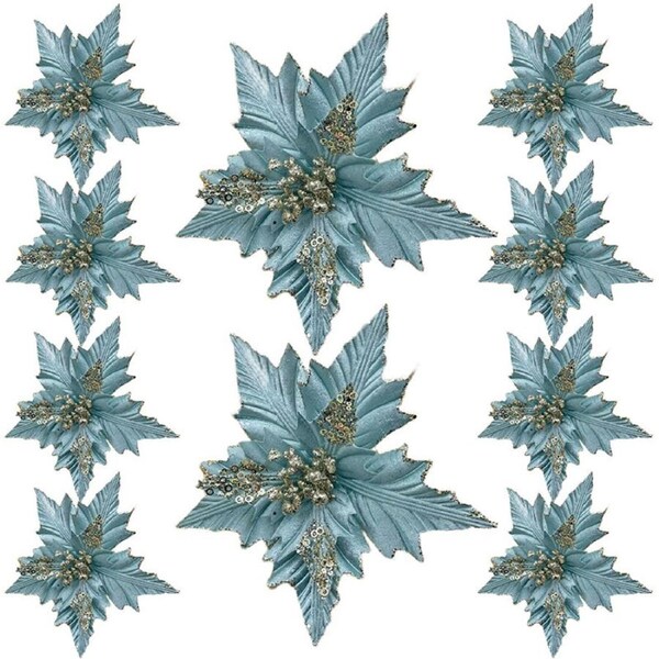 Catzon 10 Pcs Christmas Sparkling Flowers for Wreath Garland Decor-Blue