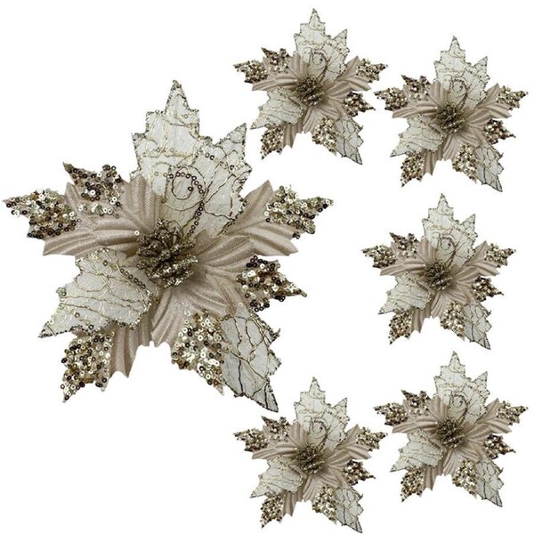 Catzon 6 Pcs Christmas Poinsettia Picks for Party Wedding Decor-Champagne