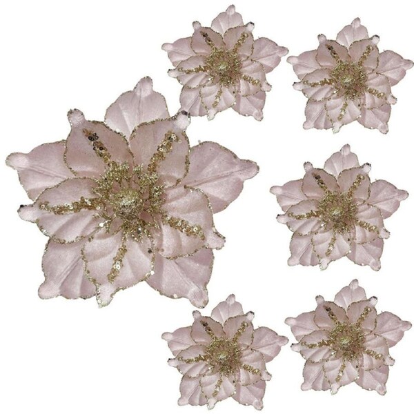Catzon 6 Pcs Christmas Artificial Flowers for New Year Party Decor-Pink