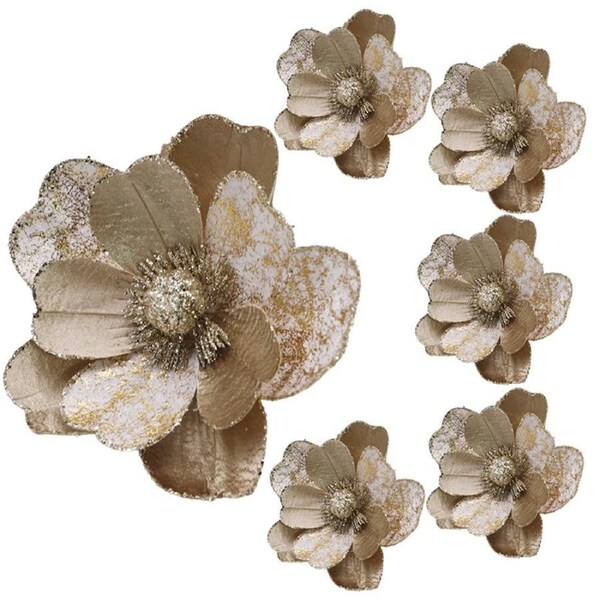 Catzon 6 Pcs Artificial Christmas Flower with Sparkling for Christmas Tree Decor-Gold