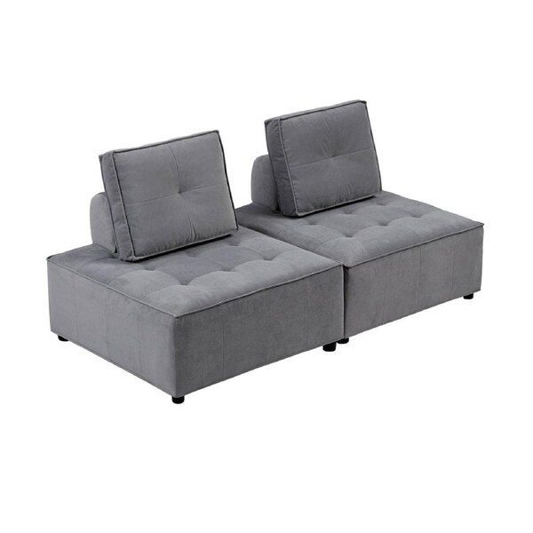 Foret 2pc Armless Seat Modular Extension Ottoman Couch Velvet Sofa 4 Colors Light Grey