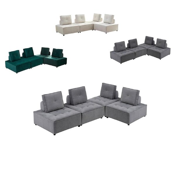 Foret 4pc Armless Seat Modular Extension Ottoman Couch Velvet Sofa 4 Colors Beige