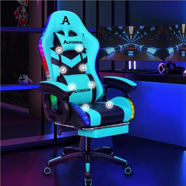 ALFORDSON Gaming Office Chair 12 RGB LED Massage Computer Work Seat Footrest Cyan & Black
