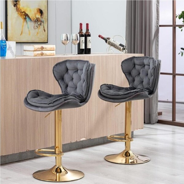 SERENITà Swivel Bar Stools Set of 2 Counter Height Barstools with Back Velvet Upholstered Adjustable Stool Chair Min Century Modern Bar Stool for Kitchen Island (Grey)