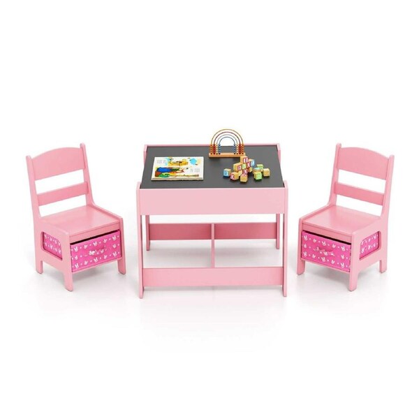 Costway 3in1 Table Chairs Set Reversible Play Drawing Activity Table w/Storage Drawers Xmas Gift Deep Pink
