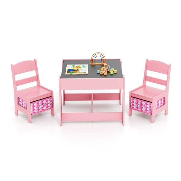 Costway 3in1 Table Chairs Set Reversible Play Drawing Activity Table w/Storage Drawers Xmas Gift Pink+White