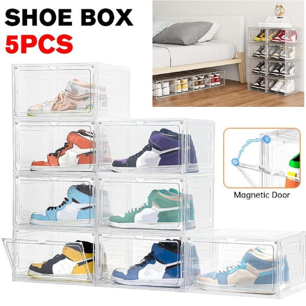 5PCS Shoe Box Storage Case Clear Boxes Foldable Stackable Transparent Organizer