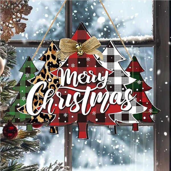 2Pcs Wooden Christmas Tree Door Wreath for Front Door Sign Christmas Decoration