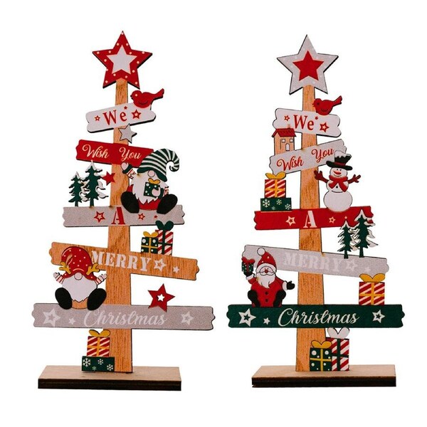 2 Pack Christmas Tree Snowman Decor For Home Tabletop Wooden Xmas Ornaments