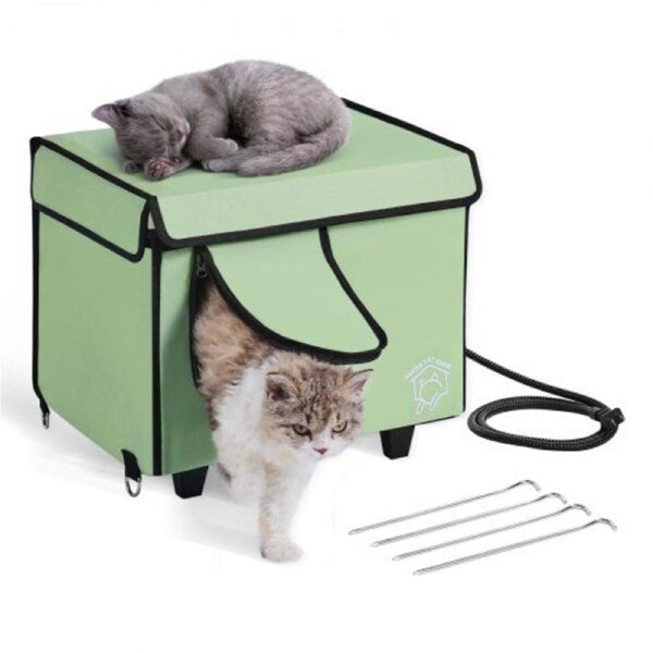 Andala Elevated Heated Cat House Cuboid Kitty Shelter W/ Heated Pad, Green (S)