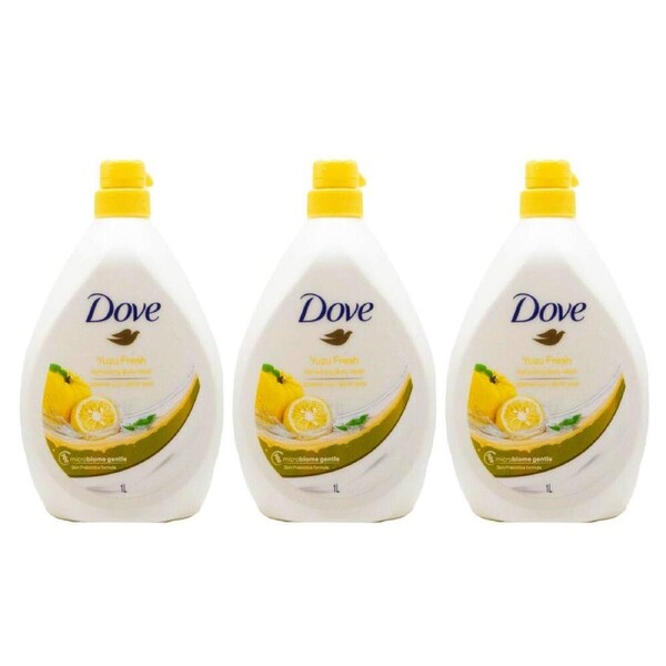 3PK Dove Yuzu Fresh Refreshing 1L Body Wash Pump Bottle Hydrating Care