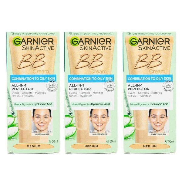 3PK Garnier SkinActive 50ml BB Cream Medium For Combination To Oily Skin