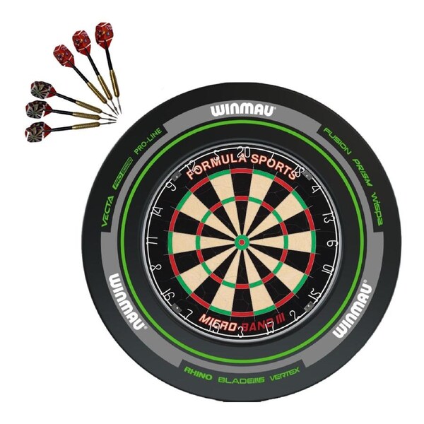 Formula Micro Band 3 Dart Board + Winmau Advance Black Green Surround + Darts Set