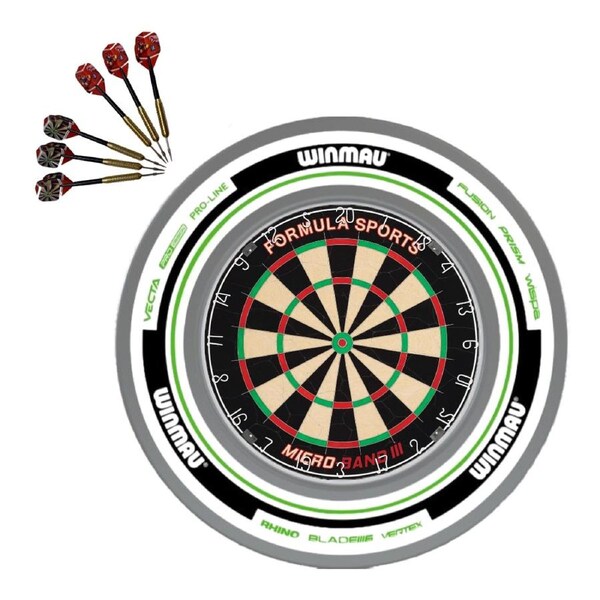 Formula Micro Band 3 Dart Board + Winmau Advance White Green Surround + Darts Set