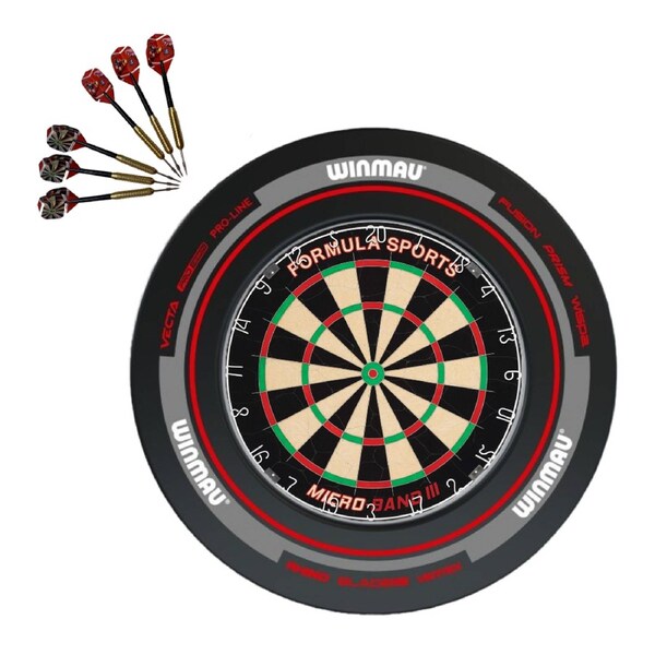 Formula Micro Band 3 Dart Board + Winmau Advance Black Red Surround + Darts Set