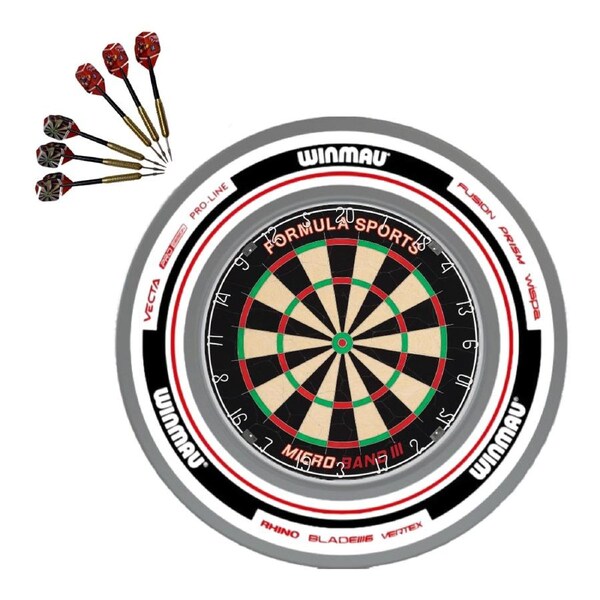Formula Micro Band 3 Dart Board + Winmau Advance White Red Surround + Darts Set