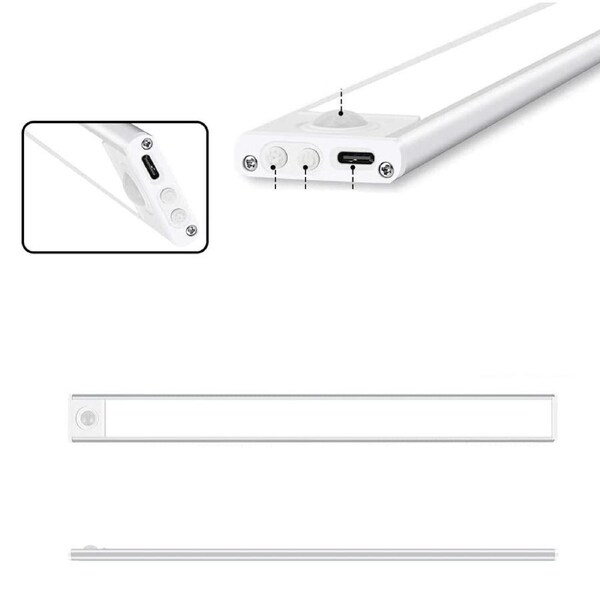 20cm USB Rechargable 3 Colour LED Motion Sensor Closet Light One Key PIR Cordless - Silver