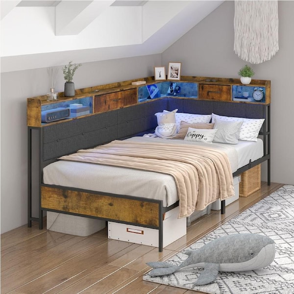 Advwin Single Corner Bed Frame with RGB LED and Charging Station Metal Daybed with 2 Storage Drawers