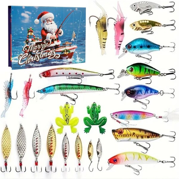 Christmas Fishing Bait Set - 24 Piece Holiday Gift Box for Fishing Enthusiasts