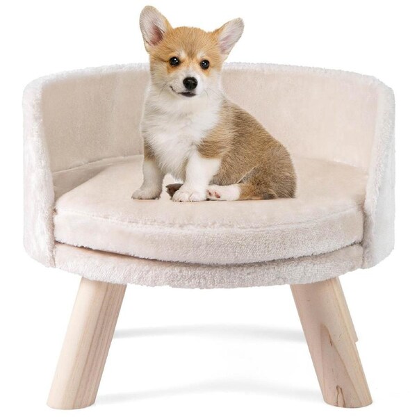 Costway Dog Bed Cat Sofa Solid Wood Pet Sleep Lounge Couch Detachable Round Padded Cushion Plush Elevated Furniture Small