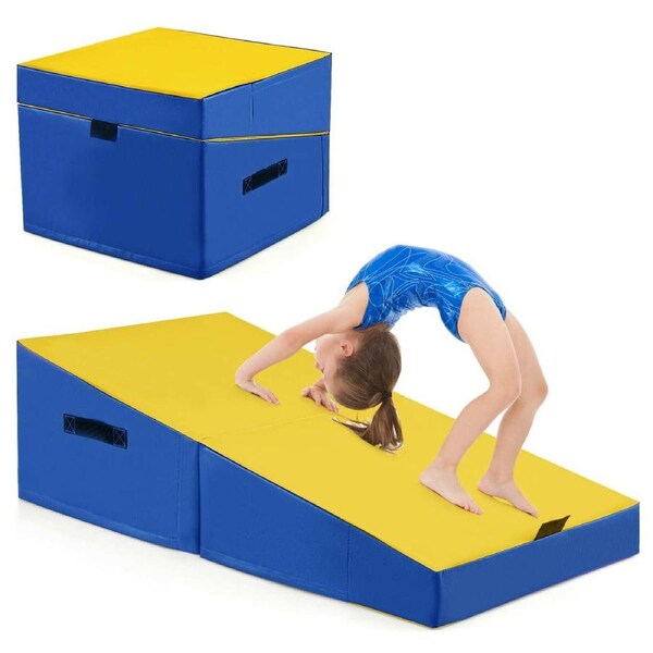 Costway Gymnastics Tumbling Mat Folding Incline Yoga Mat w/Handle EPE Foam PVC Leather Yellow