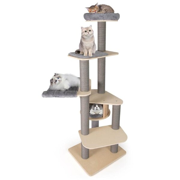 Costway 1.97M Wood Cat Tree Multi-level Cat Tower w/Detachable Mats Scratching Posts Indoor Cat Climbing Furniture Grey