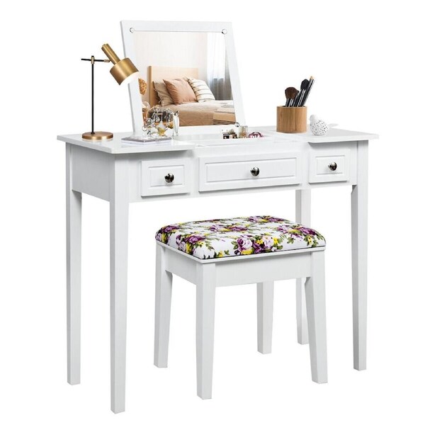 Costway Dressing Table Set W/Flip Top Mirror & Drawer Bedroom