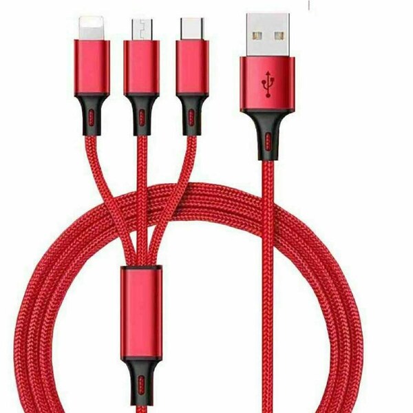 Multi Charger Cable 3in1 Fast Charging Nylon USB Universal Type-C Micro 5 Colors Red