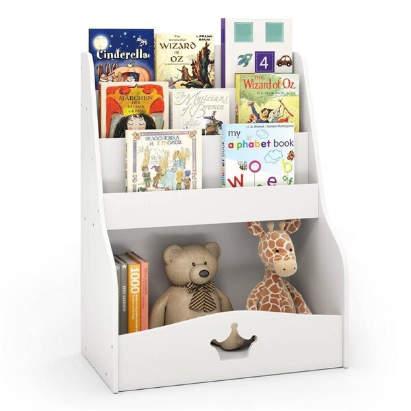 Babyjoy Kids Bookshelf 4-Tier Wooden Toy Storage Organizer Children Bookcase Display Rack w/Shelves & Compartment White