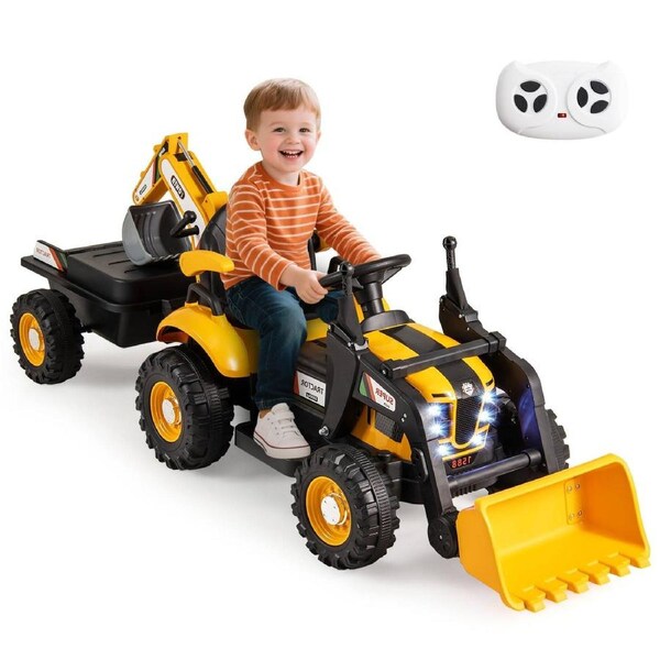 Babyjoy 4 in 1 Ride On 12V Electric Excavator Toy Tractor Bulldozer Construction Vehicle w/Adjustable Seat Trailer Shovel Bucket Yellow
