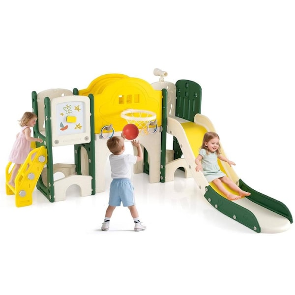 Babyjoy 10 in 1 Toddler Slide Set Kids Climber Playset w/Magnetic Whiteboard & Crawling Tunnel Yellow