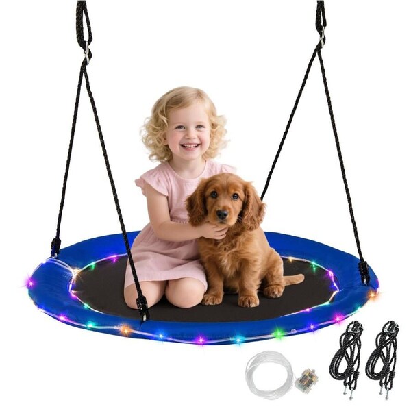 Babyjoy LED Saucer Tree Swing 100CM Light Up Flying Saucer Swing Waterproof Round Swing w/8 Light Modes & 2 Adjustable Ropes
