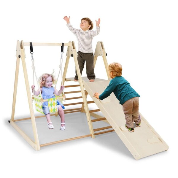 Babyjoy Wooden Climber Playset 4 in 1 Indoor Playground w/Baby Swing & Resting Platform Natural