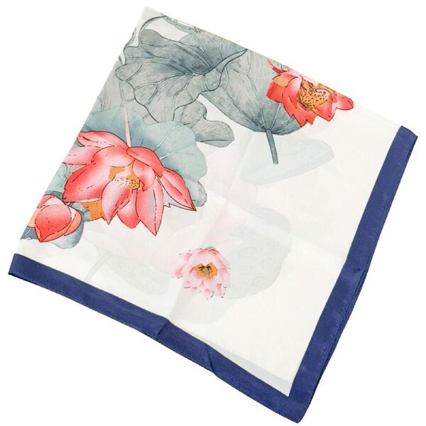 Urban Lotus Square Silk-Feel Scarf Women's Accessory 90x90cm Cream/Blue