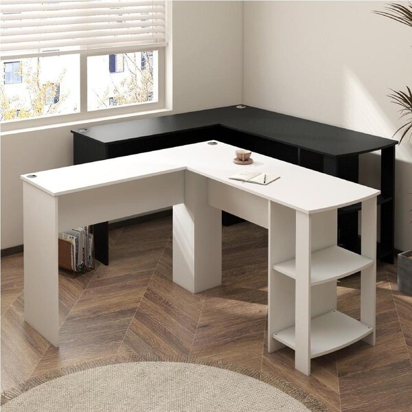 Oikiture L-shape Computer Desk Home Office Writing Desk w/ Storage Shelves Black