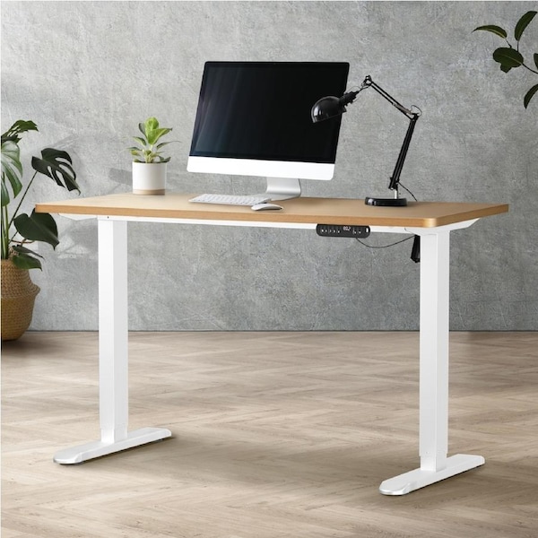 Oikiture 120CM Electric Standing Desk Single Motor Frame with Tabletop 3 Colour White Frame/120cm OAK Tabletop