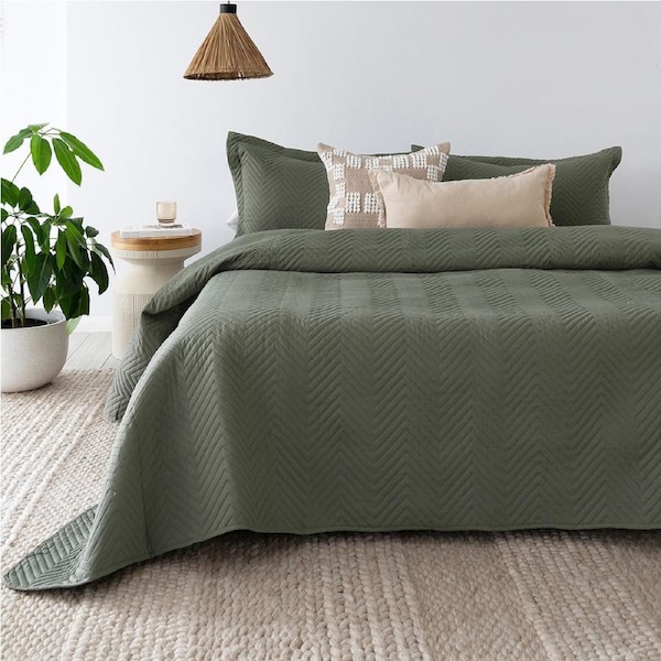 Bambury Herringbone Embossed Coverlet Set Moss Bedding Single