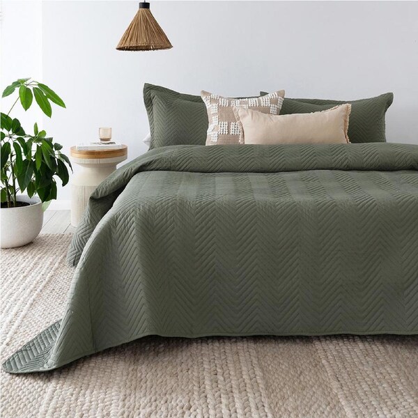 Bambury Herringbone Embossed Coverlet Set Moss Bedding Queen