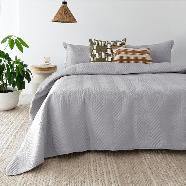 Bambury Herringbone Embossed Coverlet Set Silver Bedding Single