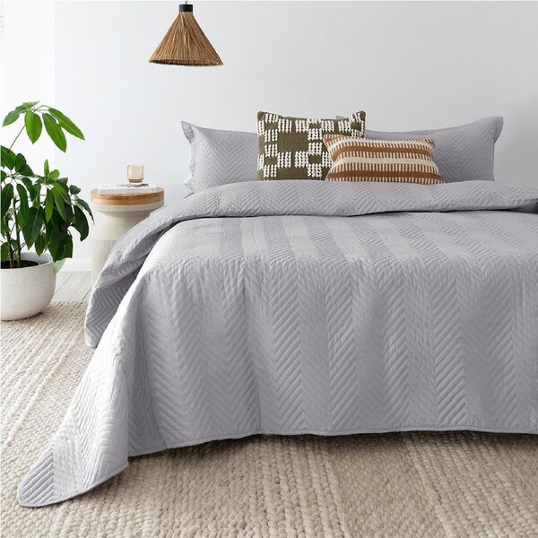 Bambury Herringbone Embossed Coverlet Set Silver Bedding Queen