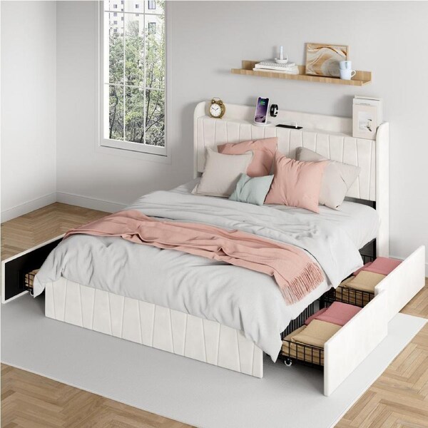 Advwin Double Bed Frame Mattress Base with 4 Storage Drawers and Charging Station Upholstered Headboard