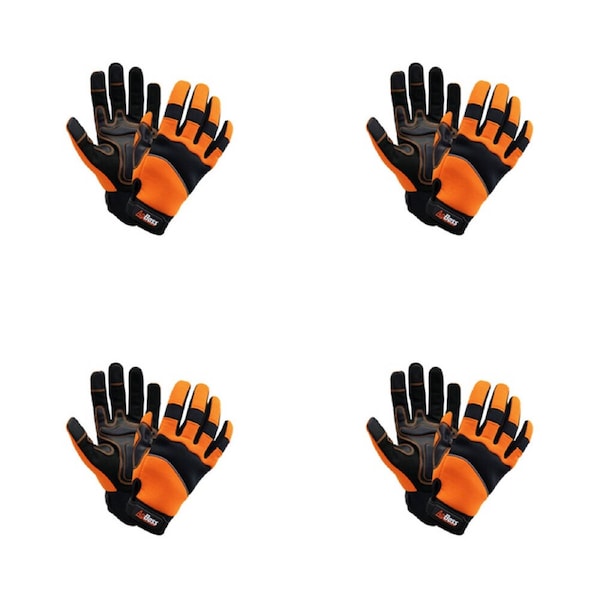 4PK AgBoss Premium Flexible Work Glove W/ Wrist Strap Black and Orange X Large