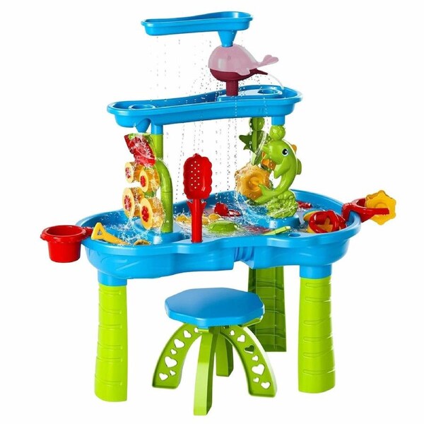 Sand Water Play Table Waterfall Pool Toys Sandpit Education Beach Activity Centre Summer Outdoor Backyard Kids Playset 3 Tier Playground Station Stool
