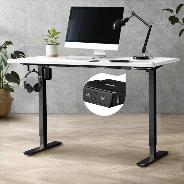 Oikiture Electric Standing Desk Single Motor 120/140/150cm Black Frame+ White Top 150cm