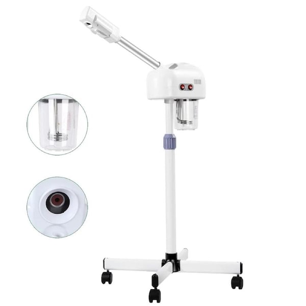 OZNALA 3 in 1 Professional Salon Spa Facial Steamer Adjustable Height Stand Rolling Wheels Face Beauty Salon Skin Care Mist Spray Facial Deep Cleaning 360° Rotatable Nozzle White