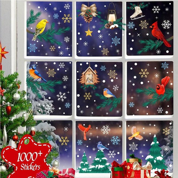 9 Sheets Christmas Tree Stickers Window Clings Birds Snowflakes Wall Stickers
