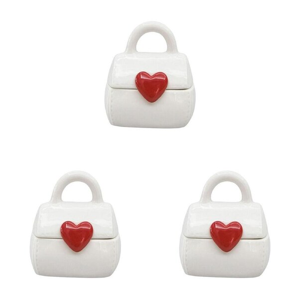 3PK Urban Ceramic Handbag with Heart Trinket Box 6x10cm Red/White